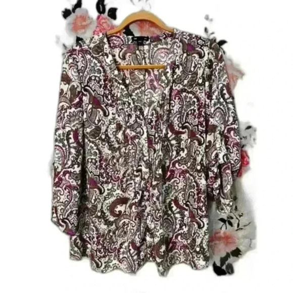 Gap Sheer Paisley Pleated‎ Blouse with Roll up 3/4 Sleeves Women's Size Large - Picture 1 of 6